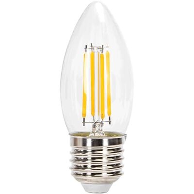 Glowster Bombilla LED filamento C35 E27 6W, transparente, eficiente energéticamente, ideal para iluminación decorativa y ambientación cálida. Glowster Bombilla LED filamento C35 E27 6W, transparente, eficiente energéticamente, ideal para iluminación decorativa y ambientación cálida.