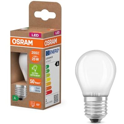 OSRAM en forma clásica de mini bola, con filamento LED decorativo en diseño esmerilado, A, E27, 1,2 W, 255 lm, 4000 K, blanco frío. Sin calentamiento, paquete de 6 OSRAM en forma clásica de mini bola, con filamento LED decorativo en diseño esmerilado, A, E27, 1,2 W, 255 lm, 4000 K, blanco frío. Sin calentamiento, paquete de 6