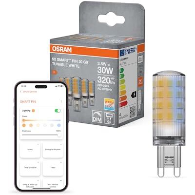 OSRAM Lámpara Smart+ WiFi PIN G9 3,5 W 827, 2700-6500 K blanco ajustable, 320 lm, 20 000 h, compatible con Alexa y Google, 5-Pack OSRAM Lámpara Smart+ WiFi PIN G9 3,5 W 827, 2700-6500 K blanco ajustable, 320 lm, 20 000 h, compatible con Alexa y Google, 5-Pack