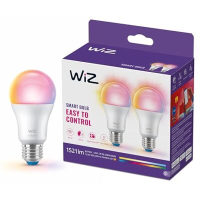 WiZ Bombilla inteligente LED A60, RGB, base E27, equivalente a 100 W, 2200-6500 K, 1521 lm, regulable, compatible con Alexa, Google Assistant y Apple HomeKit, 2 ud WiZ Bombilla inteligente LED A60, RGB, base E27, equivalente a 100 W, 2200-6500 K, 1521 lm, regulable, compatible con Alexa, Google Assistant y Apple HomeKit, 2 ud