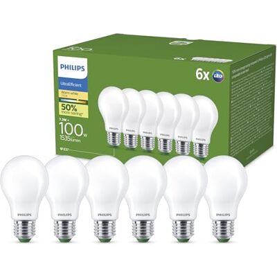Philips UltraEfficient Bombila LED, paquete de 6, A60, E27, 1535 Lúmenes, 100 W, Ahorro de Energía, EyeComfort, Larga Duración, Luz Blanca Cálida 2700 K, Diseño Clásico, Bombilla Bajo Consumo Mate Philips UltraEfficient Bombila LED, paquete de 6, A60, E27, 1535 Lúmenes, 100 W, Ahorro de Energía, EyeComfort, Larga Duración, Luz Blanca Cálida 2700 K, Diseño Clásico, Bombilla Bajo Consumo Mate