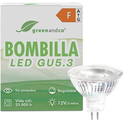 greenandco Bombilla halogena LED GU 5.3 regulable 2700K 3W 250lm IRC 90+ Bombilla 12V MR16 LED blanco cálido, sustituye 28W, ángulo de haz 38°, óptima reproducción del color, sin parpadeo, COB LED greenandco Bombilla halogena LED GU 5.3 regulable 2700K 3W 250lm IRC 90+ Bombilla 12V MR16 LED blanco cálido, sustituye 28W, ángulo de haz 38°, óptima reproducción del color, sin parpadeo, COB LED