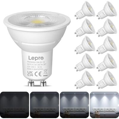Lepro Bombilla LED GU10 Regulable 4.5W(Equivalente a 50W) 345lm 6500K 10PC Blanca Fría 6500K, Ángulo de Haz de 38°, Bajo Consumo, CRI>80, Bombillas LED Sin Parpadeos para Iluminación de Interior Lepro Bombilla LED GU10 Regulable 4.5W(Equivalente a 50W) 345lm 6500K 10PC Blanca Fría 6500K, Ángulo de Haz de 38°, Bajo Consumo, CRI>80, Bombillas LED Sin Parpadeos para Iluminación de Interior