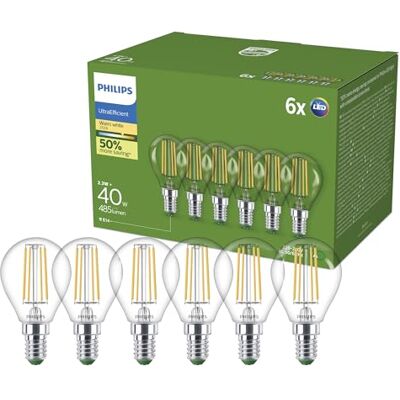 Philips UltraEfficient Bombilla LED, paquete de 6, P45, E14, 485 Lúmenes, 40 W, EyeComfort, Larga Duración, Luz Blanca Cálida 2700 K, Diseño Clásico, Bombilla Bajo Consumo Transparente Philips UltraEfficient Bombilla LED, paquete de 6, P45, E14, 485 Lúmenes, 40 W, EyeComfort, Larga Duración, Luz Blanca Cálida 2700 K, Diseño Clásico, Bombilla Bajo Consumo Transparente