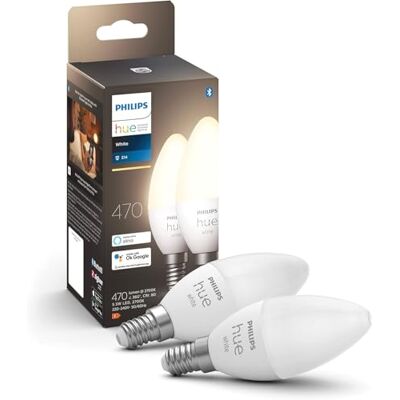 Philips Bombilla LED Inteligente, B39 E14, Luz Blanca Cálida Regulable, 5.5W 470 Lumens, Compatible con Alexa y Google Home Pack de 2 Bombillas LED Inteligentes Philips Bombilla LED Inteligente, B39 E14, Luz Blanca Cálida Regulable, 5.5W 470 Lumens, Compatible con Alexa y Google Home Pack de 2 Bombillas LED Inteligentes