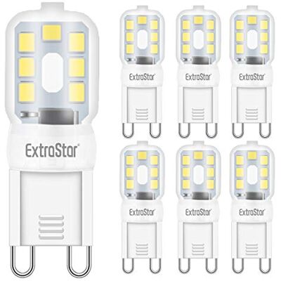 EXTRASTAR Bombilla LED G9, 2,5 W equivalente a 20 W, lámpara halógena, luz blanca fría 6500 K, no regulable 360 grados, 6 unidades EXTRASTAR Bombilla LED G9, 2,5 W equivalente a 20 W, lámpara halógena, luz blanca fría 6500 K, no regulable 360 grados, 6 unidades