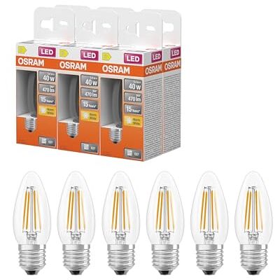 OSRAM Lámpara LED forma de vela estrella, filamento B40, 2700 K blanco cálido, 3,4 W, E27, transparente, 470 lm, 15.000 h, para lámparas de araña, luminarias decorativas,6-Pack OSRAM Lámpara LED forma de vela estrella, filamento B40, 2700 K blanco cálido, 3,4 W, E27, transparente, 470 lm, 15.000 h, para lámparas de araña, luminarias decorativas,6-Pack