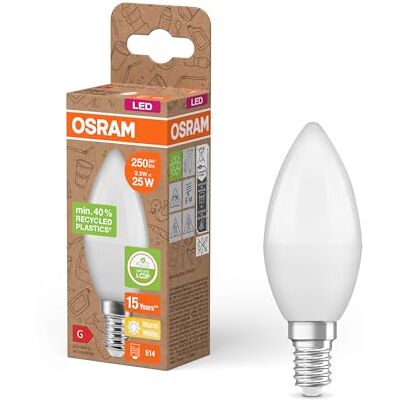 OSRAM Bombillas LED E14, LED Star B 25 Reciclaje 3,5W, 2700K blanco cálido, mate, 250 lm, 40% plástico reciclado, reemplaza bombillas tradicionales de 25W OSRAM Bombillas LED E14, LED Star B 25 Reciclaje 3,5W, 2700K blanco cálido, mate, 250 lm, 40% plástico reciclado, reemplaza bombillas tradicionales de 25W