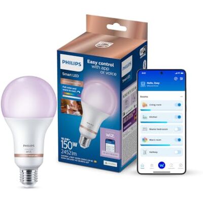 Philips Smart Lighting, Bombilla Inteligente LED RGB A80, E27, 2452 lm, Color y Blanco Ajustable 2200 K-6500 K, Regulable Baja, Connected by WiZ, Alexa, Google Home, Apple Home Philips Smart Lighting, Bombilla Inteligente LED RGB A80, E27, 2452 lm, Color y Blanco Ajustable 2200 K-6500 K, Regulable Baja, Connected by WiZ, Alexa, Google Home, Apple Home