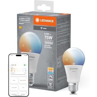 LEDVANCE Lámpara LED inteligente con tecnología WiFi, enchufe E27, regulable, color de luz cambiante (2700-6500K), reemplaza las lámparas incandescentes con 75 W, SMART+ WiFi Classic TW paquete de 1 LEDVANCE Lámpara LED inteligente con tecnología WiFi, enchufe E27, regulable, color de luz cambiante (2700-6500K), reemplaza las lámparas incandescentes con 75 W, SMART+ WiFi Classic TW paquete de 1