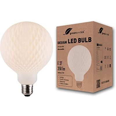 greenandco ® bombilla LED regulable estilo vintage ópalo con rombos E27 G125 4W 350lm CRI90+ 3000K (blanco cálido) 360° 230V, sin parpadeo greenandco ® bombilla LED regulable estilo vintage ópalo con rombos E27 G125 4W 350lm CRI90+ 3000K (blanco cálido) 360° 230V, sin parpadeo