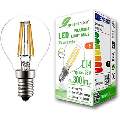 greenandco Bombilla de filamento LED IRC 90+ E14 G45 3W (corresponde a 28W) 300lm 2700K (blanco cálido) 360° 230V AC vidrio, sin parpadeo, no regulable greenandco Bombilla de filamento LED IRC 90+ E14 G45 3W (corresponde a 28W) 300lm 2700K (blanco cálido) 360° 230V AC vidrio, sin parpadeo, no regulable