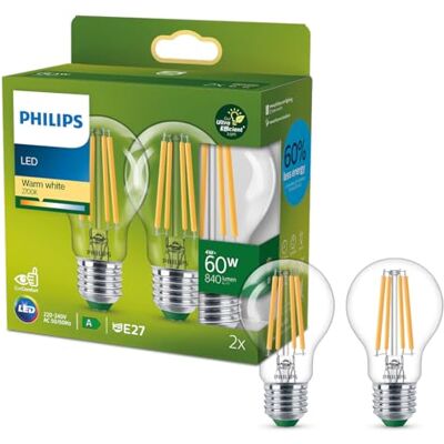 Philips Lighting Bombilla LED Ultraeficiente Filamento, 4 W Equivalente a 60 W, E27 A60, Luz Cálida 2700K, Eficiencia Energética A, Pack de 2 unidades Philips Lighting Bombilla LED Ultraeficiente Filamento, 4 W Equivalente a 60 W, E27 A60, Luz Cálida 2700K, Eficiencia Energética A, Pack de 2 unidades