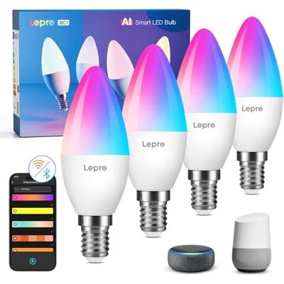 Lepro AI Bombilla LED E14, Bombilla Inteligente Alexa 4.9W 4Pcs RGB Regulable, Wi-Fi Control de Voz & Sync de Música, Diseñador de Iluminación AI Personalizado Funciona con Google Home Lepro AI Bombilla LED E14, Bombilla Inteligente Alexa 4.9W 4Pcs RGB Regulable, Wi-Fi Control de Voz & Sync de Música, Diseñador de Iluminación AI Personalizado Funciona con Google Home