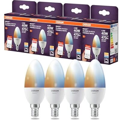 OSRAM Lámpara LED inteligente B40 forma de vela E14, 4,9 W ZigBee 3.0, blanco ajustable 2700-6500 K, regulable, control mediante aplicación, Alexa,4-Pack OSRAM Lámpara LED inteligente B40 forma de vela E14, 4,9 W ZigBee 3.0, blanco ajustable 2700-6500 K, regulable, control mediante aplicación, Alexa,4-Pack