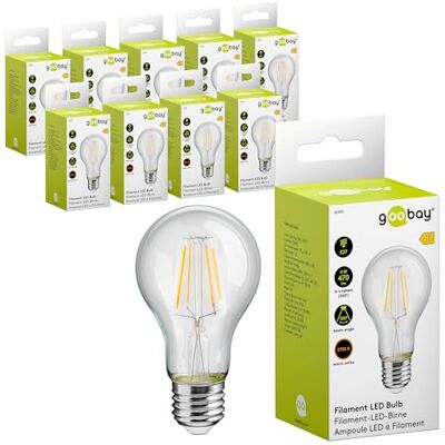goobay Bombilla LED filamento 4W / forma vela/bombilla luz blanca cálida 2700K / bombilla LED para lámparas/bombilla bajo calor/no regulable / 4kWh/1000h transparente / / paquete de 10 goobay Bombilla LED filamento 4W / forma vela/bombilla luz blanca cálida 2700K / bombilla LED para lámparas/bombilla bajo calor/no regulable / 4kWh/1000h transparente / / paquete de 10