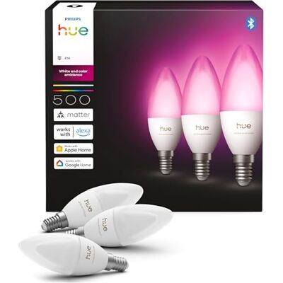Philips Smart Bombilla E14 Vela LED, B39, 3 Ud, White and Color Ambiance, Luz de Espectro Completo 1000 K-20000 K, 500 lm, Regulación Ultrabaja, Chromasync, Alexa, Google Home, Apple Home Philips Smart Bombilla E14 Vela LED, B39, 3 Ud, White and Color Ambiance, Luz de Espectro Completo 1000 K-20000 K, 500 lm, Regulación Ultrabaja, Chromasync, Alexa, Google Home, Apple Home