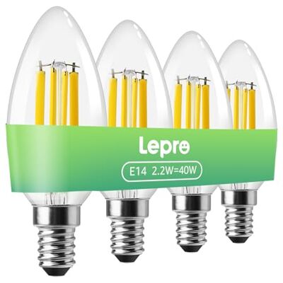 Lepro Bombilla Vela de Filamento LED E14, 2.2 W Equivalente a 40W, 470 Lúmenes, Blanco Cálido 2700K LED E14 Casquillo Fino, Lámpara Retro Vintage LED, No regulable, 4 Unidades Lepro Bombilla Vela de Filamento LED E14, 2.2 W Equivalente a 40W, 470 Lúmenes, Blanco Cálido 2700K LED E14 Casquillo Fino, Lámpara Retro Vintage LED, No regulable, 4 Unidades