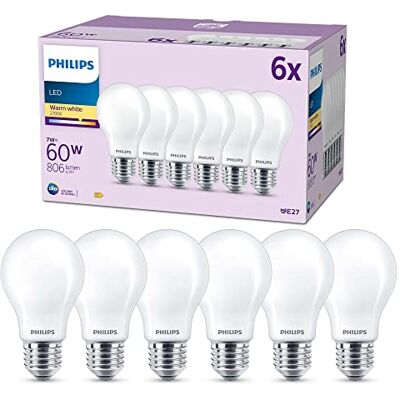 Philips Bombilla LED A60 7W (Eq. 60W) 806 lúmenes, casquillo E27, Luz Blanca Cálida (2700k) Pack 6 Bombillas Philips Bombilla LED A60 7W (Eq. 60W) 806 lúmenes, casquillo E27, Luz Blanca Cálida (2700k) Pack 6 Bombillas
