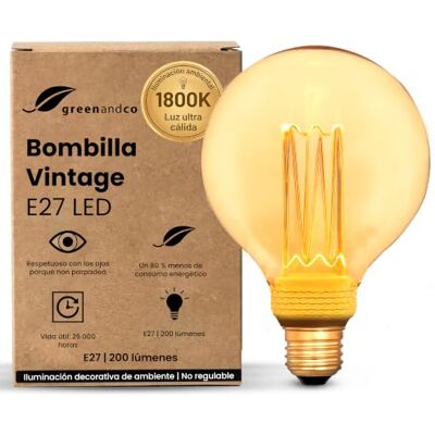 greenandco Bombilla LED E27 luz calida Vintage G95 4W 200lm, dorada Bombilla decorativa 1800K, Bombilla Vintage, ángulo de haz 320°, 230V, sin parpadeos, no regulable greenandco Bombilla LED E27 luz calida Vintage G95 4W 200lm, dorada Bombilla decorativa 1800K, Bombilla Vintage, ángulo de haz 320°, 230V, sin parpadeos, no regulable