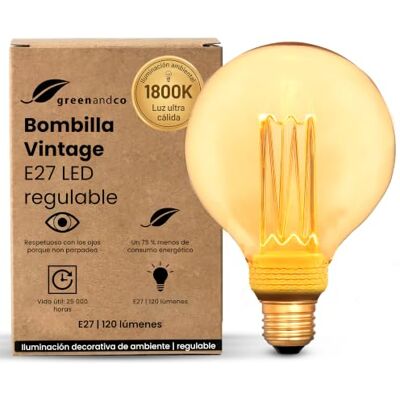 greenandco Bombilla Vintage E27 LED regulable G95 3,5W 120lm, dorada Bombilla decorativa 1800K, Bombilla calida, ángulo de haz 320°, 230V, sin parpadeos greenandco Bombilla Vintage E27 LED regulable G95 3,5W 120lm, dorada Bombilla decorativa 1800K, Bombilla calida, ángulo de haz 320°, 230V, sin parpadeos