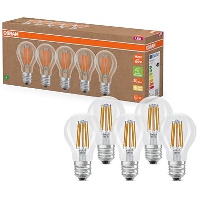 OSRAM Lámparas LED de alta eficiencia con clase de eficiencia energética A, Paquete de 5 bombillas, reemplaza de 100W, blanco cálido (2700K), E27, vidrio de filamento OSRAM Lámparas LED de alta eficiencia con clase de eficiencia energética A, Paquete de 5 bombillas, reemplaza de 100W, blanco cálido (2700K), E27, vidrio de filamento