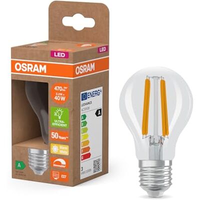 OSRAM Energy Class con forma de bombilla clásica, 2,2 W / 470 lm, EEK A, (2700 K), CRI 80, fabricada en vidrio transparente sin plomo, E27, IP20, 60 mm DM, tenue, paquete de 6 unidades OSRAM Energy Class con forma de bombilla clásica, 2,2 W / 470 lm, EEK A, (2700 K), CRI 80, fabricada en vidrio transparente sin plomo, E27, IP20, 60 mm DM, tenue, paquete de 6 unidades