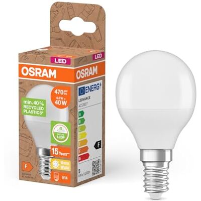 OSRAM Bombillas LED E14,LED Star P40 Reciclaje 4,9W, 2700K blanco cálido, mate, 470 lm, 40% plástico reciclado, reemplaza bombillas tradicionales de 40W, Paquete de 6 OSRAM Bombillas LED E14,LED Star P40 Reciclaje 4,9W, 2700K blanco cálido, mate, 470 lm, 40% plástico reciclado, reemplaza bombillas tradicionales de 40W, Paquete de 6