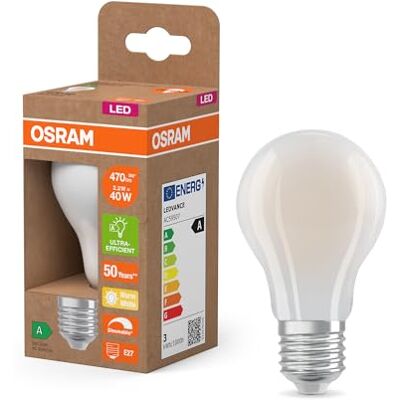 OSRAM Energy Class con forma de bombilla clásica, 2,2 W / 470 lm, EEK A, luz blanca cálida (2700 K), CRI 80, fabricada en vidrio esmerilado sin plomo, casquillo E27, IP20, 60 mm DM, tenue, 6- embalar OSRAM Energy Class con forma de bombilla clásica, 2,2 W / 470 lm, EEK A, luz blanca cálida (2700 K), CRI 80, fabricada en vidrio esmerilado sin plomo, casquillo E27, IP20, 60 mm DM, tenue, 6- embalar