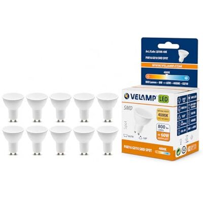 Velamp 10 bombillas LED GU10, 8 vatios equivalentes a 60 vatios de halógeno, 800 lúmenes, luz blanca natural de 4000 K, ángulo de haz de 120 grados, bombilla LED no regulable. Velamp 10 bombillas LED GU10, 8 vatios equivalentes a 60 vatios de halógeno, 800 lúmenes, luz blanca natural de 4000 K, ángulo de haz de 120 grados, bombilla LED no regulable.