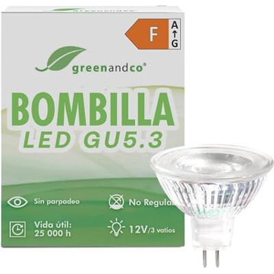 greenandco Bombilla halogena LED GU 5.3 2700K 3W 270lm IRC 90+ sin parpadeo Bombilla 12V MR16 LED blanco cálido, sustituye 30W, ángulo de haz 38°, óptima reproducción del color, no regulable, COB LED greenandco Bombilla halogena LED GU 5.3 2700K 3W 270lm IRC 90+ sin parpadeo Bombilla 12V MR16 LED blanco cálido, sustituye 30W, ángulo de haz 38°, óptima reproducción del color, no regulable, COB LED