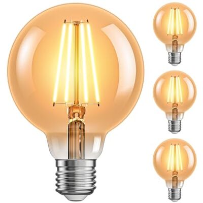 ledscom.de 4 bombillas LED E27, G95, blanco extra cálido (2500 K), 7,3 W, 818 lm, regulador de intensidad de 3 niveles, color dorado ledscom.de 4 bombillas LED E27, G95, blanco extra cálido (2500 K), 7,3 W, 818 lm, regulador de intensidad de 3 niveles, color dorado