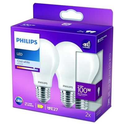 Philips Bombilla LED cristal 100W estándar E27 luz blanca fría, mate, no regulable pack 2 Philips Bombilla LED cristal 100W estándar E27 luz blanca fría, mate, no regulable pack 2