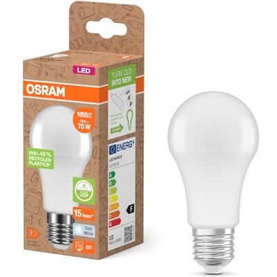 OSRAM Bombillas LED E14, LED Star A 75 Reciclaje 10W, 4000K blanco frío, mate, 1055 lm, 40% plástico reciclado, reemplaza bombillas tradicionales de 75W OSRAM Bombillas LED E14, LED Star A 75 Reciclaje 10W, 4000K blanco frío, mate, 1055 lm, 40% plástico reciclado, reemplaza bombillas tradicionales de 75W