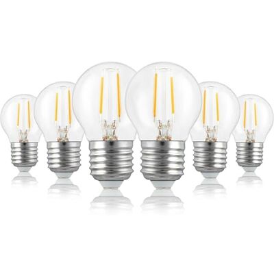 Hellum Bombilla LED E27 de 2,2 W, equivalente a una bombilla incandescente de 25 W, Mini Globe 250 lúmenes, 2700 kelvin, lampara LED transparente para casquillo E27, lote de 6 unidades Hellum Bombilla LED E27 de 2,2 W, equivalente a una bombilla incandescente de 25 W, Mini Globe 250 lúmenes, 2700 kelvin, lampara LED transparente para casquillo E27, lote de 6 unidades