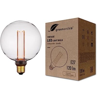 greenandco Bombilla Vintage E27 LED regulable G125 3,5W 120lm, clara Bombilla decorativa 1800K, Bombilla calida, ángulo de haz 320°, 230V, sin parpadeos greenandco Bombilla Vintage E27 LED regulable G125 3,5W 120lm, clara Bombilla decorativa 1800K, Bombilla calida, ángulo de haz 320°, 230V, sin parpadeos