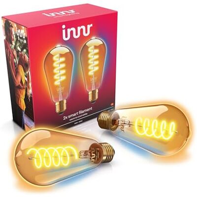 innr Bombilla Inteligente Filamento E27, para Hue* y hubs Zigbee, 2-pack Luz LED blanco cálido y blanco frío, Edison ST64, 1800K-6500K, 620 lúmenes, regulable innr Bombilla Inteligente Filamento E27, para Hue* y hubs Zigbee, 2-pack Luz LED blanco cálido y blanco frío, Edison ST64, 1800K-6500K, 620 lúmenes, regulable