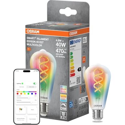 OSRAM Lámpara LED SMART+ Filamento Edison 40 E27, RGBW, compatible con Matter, conexión WiFi, control por app y voz, 4,8W, multicolor, regulable OSRAM Lámpara LED SMART+ Filamento Edison 40 E27, RGBW, compatible con Matter, conexión WiFi, control por app y voz, 4,8W, multicolor, regulable