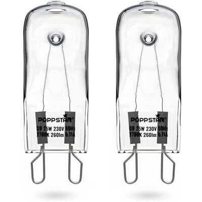POPPSTAR 2x Bombilla para horno G9 40W resistente a altas temperaturas 300 grados (2400K blanco cálido, 400lm) POPPSTAR 2x Bombilla para horno G9 40W resistente a altas temperaturas 300 grados (2400K blanco cálido, 400lm)