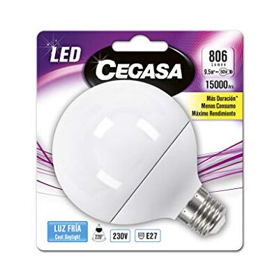 CEGASA LAMPARA LED G95 9.5W 806 LM E27 BL1 FR 5000K, Negro, Estandar CEGASA LAMPARA LED G95 9.5W 806 LM E27 BL1 FR 5000K, Negro, Estandar