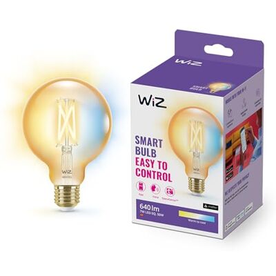 WiZ Bombilla LED Inteligente Wi-Fi 6,7W (Eq. 50W) G125 casquillo E27, Filamento Ámbar, Luz Blanca regulable, con tecnología SpaceSense y compatible con Alexa y Google Home WiZ Bombilla LED Inteligente Wi-Fi 6,7W (Eq. 50W) G125 casquillo E27, Filamento Ámbar, Luz Blanca regulable, con tecnología SpaceSense y compatible con Alexa y Google Home