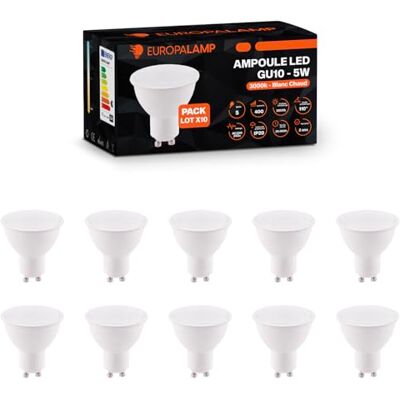 Europalamp – 10 bombillas LED GU10 5 W equivalente a 50 W, lámpara halógena blanca, 450 lm, no regulable, adecuada para decoración de iluminación doméstica, 3000 K, blanco cálido Europalamp – 10 bombillas LED GU10 5 W equivalente a 50 W, lámpara halógena blanca, 450 lm, no regulable, adecuada para decoración de iluminación doméstica, 3000 K, blanco cálido