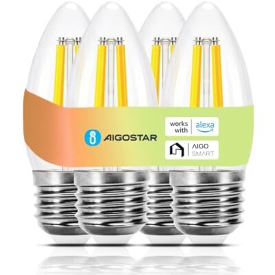 Aigostar Bombilla Inteligente E27 4.5W 470LM C35 WiFi Alexa 4 paquetes Regulacion CCT 2700K-6500K / Regulable / Bajo Consumo Equivale 40W / Google Home/ Iluminacion Retro Decorativa/ Transparente Aigostar Bombilla Inteligente E27 4.5W 470LM C35 WiFi Alexa 4 paquetes Regulacion CCT 2700K-6500K / Regulable / Bajo Consumo Equivale 40W / Google Home/ Iluminacion Retro Decorativa/ Transparente