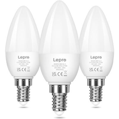 Lepro Bombilla LED E14, Bombilla de Vela LED 4.2W, 470 Lúmenes 3Pcs Equivalente a 40 W Incandescente Normal, Luz Blanca Cálida 2700K, Ángulo de Haz de 250°, Ideal para Candelabros Lepro Bombilla LED E14, Bombilla de Vela LED 4.2W, 470 Lúmenes 3Pcs Equivalente a 40 W Incandescente Normal, Luz Blanca Cálida 2700K, Ángulo de Haz de 250°, Ideal para Candelabros