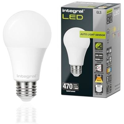 Integral LED 2PK GLS E27 bombilla sensor crepuscular mate no regulable Blanco cálido 2700K, 470lm, 4.8W (40W equivalente) Eficiente e ideal para exterior, porche, garaje, jardín, patio Integral LED 2PK GLS E27 bombilla sensor crepuscular mate no regulable Blanco cálido 2700K, 470lm, 4.8W (40W equivalente) Eficiente e ideal para exterior, porche, garaje, jardín, patio
