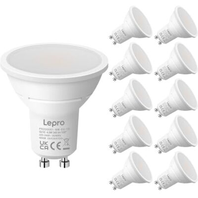Lepro Bombilla LED GU10 4.5W(Equivalente a 50W), 345 lm, 4000K, Pack de 10 Blanca Neutra 4000K, Ángulo de Haz de 100°, Bajo Consumo, CRI>80, No regulable, Sin Parpadeos para Iluminación de Interior Lepro Bombilla LED GU10 4.5W(Equivalente a 50W), 345 lm, 4000K, Pack de 10 Blanca Neutra 4000K, Ángulo de Haz de 100°, Bajo Consumo, CRI>80, No regulable, Sin Parpadeos para Iluminación de Interior