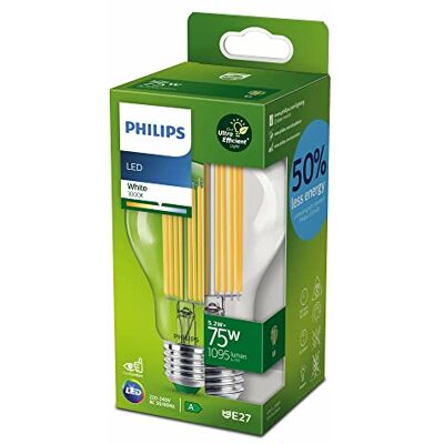 Philips Lighting Bombilla Led Ultraeficiente filamento 5.2w (Eq. 75w) E27 A70, Luz Cálida (3000K) Et. Energética A Philips Lighting Bombilla Led Ultraeficiente filamento 5.2w (Eq. 75w) E27 A70, Luz Cálida (3000K) Et. Energética A
