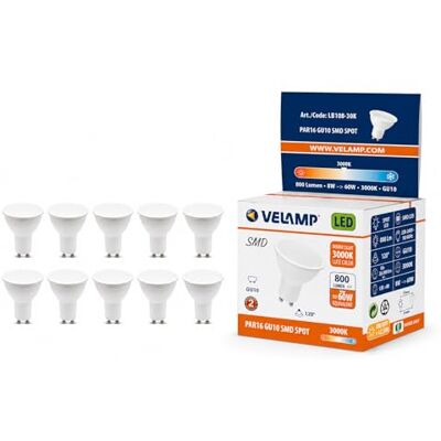 Velamp 10 bombillas LED GU10, 8 vatios (equivalente a 60 vatios de una bombilla halógena), 800 lúmenes, luz blanca cálida de 3000 K, ángulo de haz de 120 grados, bombilla LED no regulable. Velamp 10 bombillas LED GU10, 8 vatios (equivalente a 60 vatios de una bombilla halógena), 800 lúmenes, luz blanca cálida de 3000 K, ángulo de haz de 120 grados, bombilla LED no regulable.