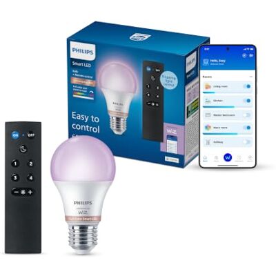 Philips Smart Lighting, Bombilla Inteligente LED RGB A60 con Mando a Distancia, E27, 806 lm, Color y Blanco Ajustable 2200 K-6500 K, Regulación Baja, Connected by WiZ, Alexa, Google Home, Apple Home Philips Smart Lighting, Bombilla Inteligente LED RGB A60 con Mando a Distancia, E27, 806 lm, Color y Blanco Ajustable 2200 K-6500 K, Regulación Baja, Connected by WiZ, Alexa, Google Home, Apple Home