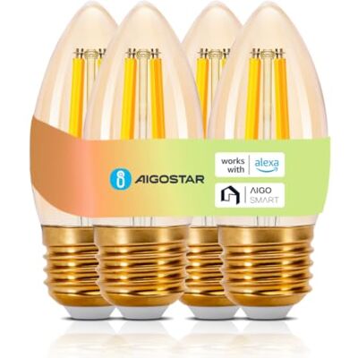 Aigostar Bombilla Inteligente E27 4.5W 470LM C35 WiFi Alexa 4 paquetes Regulacion CCT 2700K-6500K / Regulable / Bajo Consumo Equivale 40W / Google Home/ Iluminacion Retro Decorativa/ Ambar Aigostar Bombilla Inteligente E27 4.5W 470LM C35 WiFi Alexa 4 paquetes Regulacion CCT 2700K-6500K / Regulable / Bajo Consumo Equivale 40W / Google Home/ Iluminacion Retro Decorativa/ Ambar